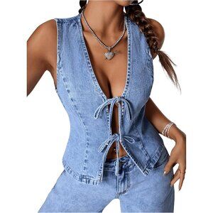Women's Denim Vest Sleeveless Tie Front Deep V Neck Casual Jacket